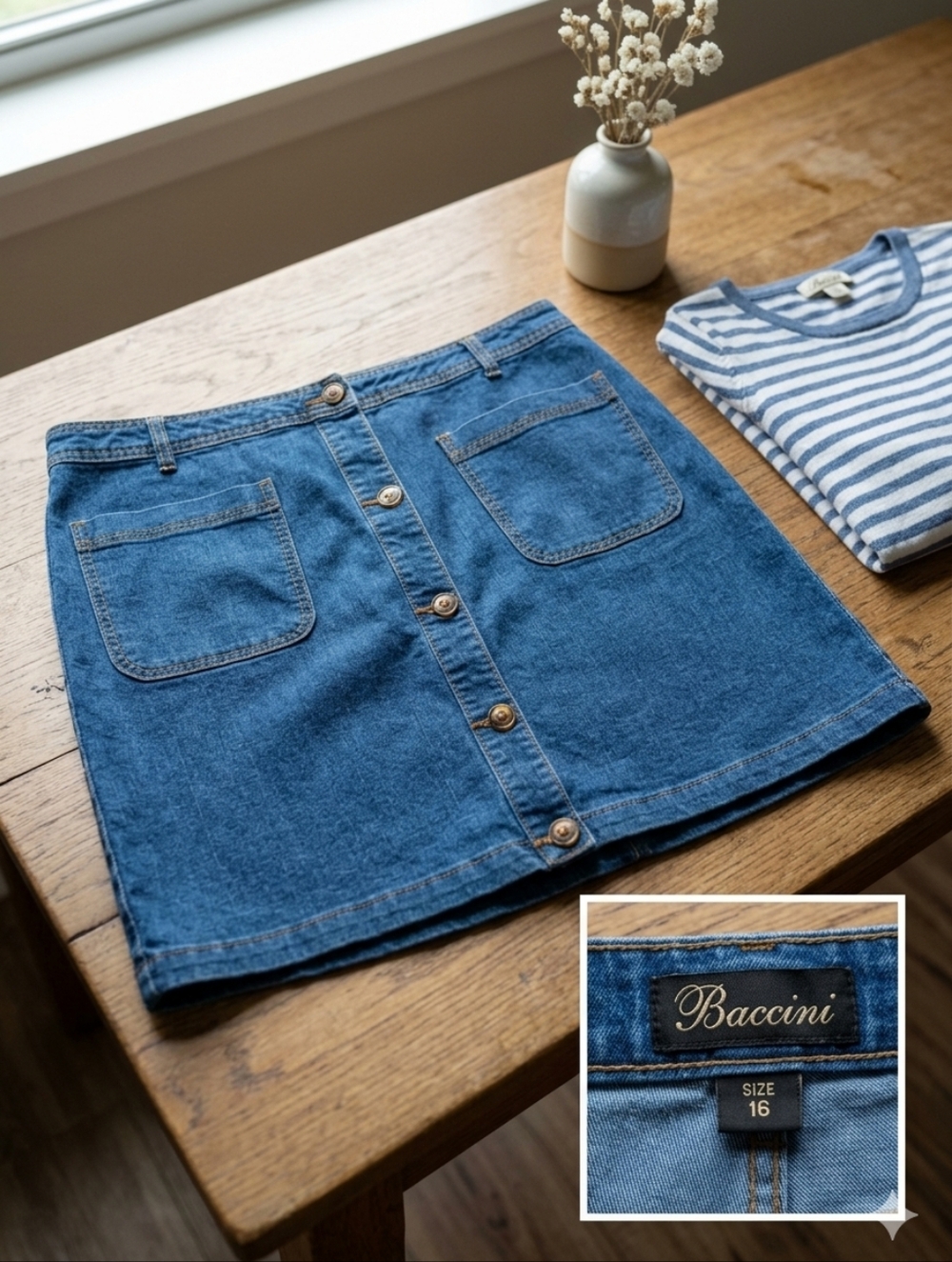 Baccini Denim Button-Front Skirt - Size 16 - Medium Wash Patch Pocket Mini